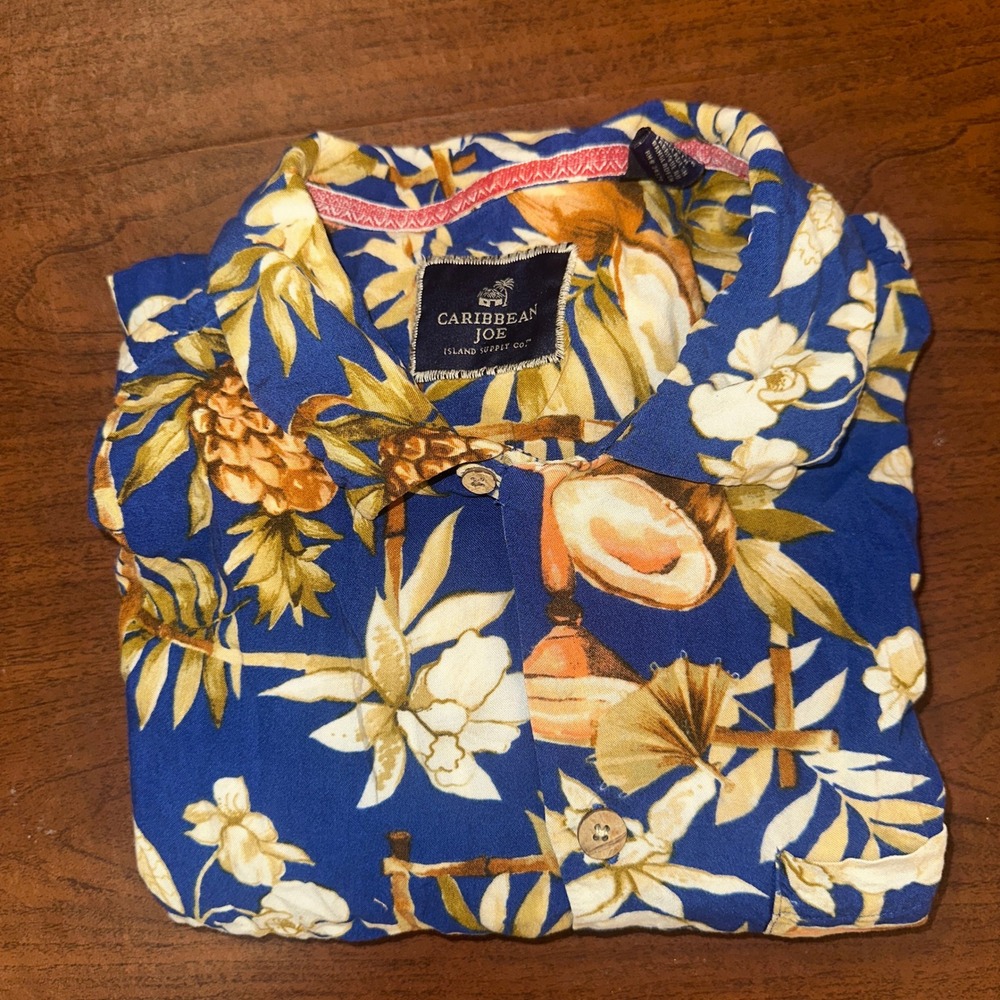 Caribbean Joe Mens Blue Tropical Pineapple Coconut Rayon Button Down Shirt L - Picture 2 of 10